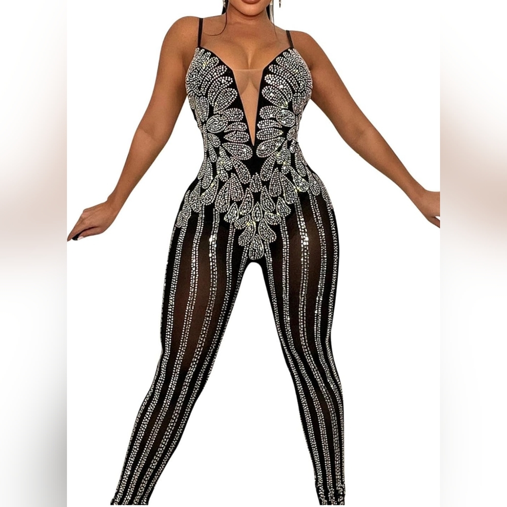 Women Sequin Jumpsuit Sexy Sling Overall Party Romper, jumpsuit XXL, Black